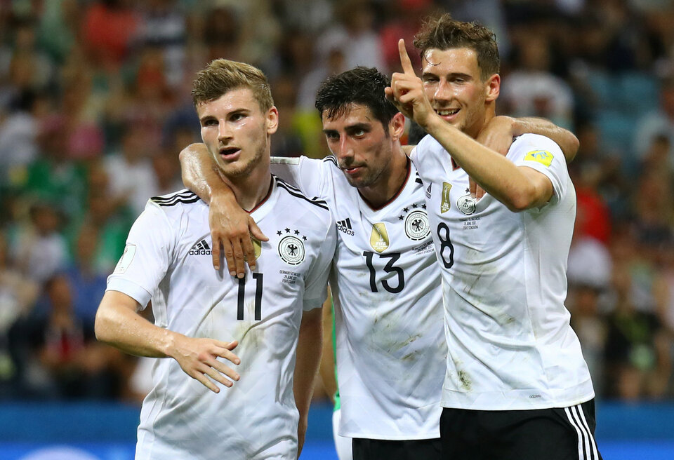 Germany’s Timo Werner celebrates scoring their third goal with Lars Stindl and Leon Goretzka in FIFA Confederations Cup Russia 2017 semi final match against Mexico at Fisht Stadium, Sochi, Russia on THursday (29/06). (Reuters Photo/Kai Pfaffenbach)
