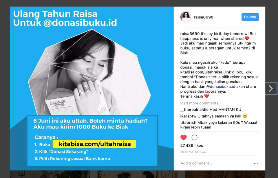 Many Instagram users supports Raisa's good intention on her official Instagram account. (Photo Courtesy of Ogi Wicaksana Public Relations)