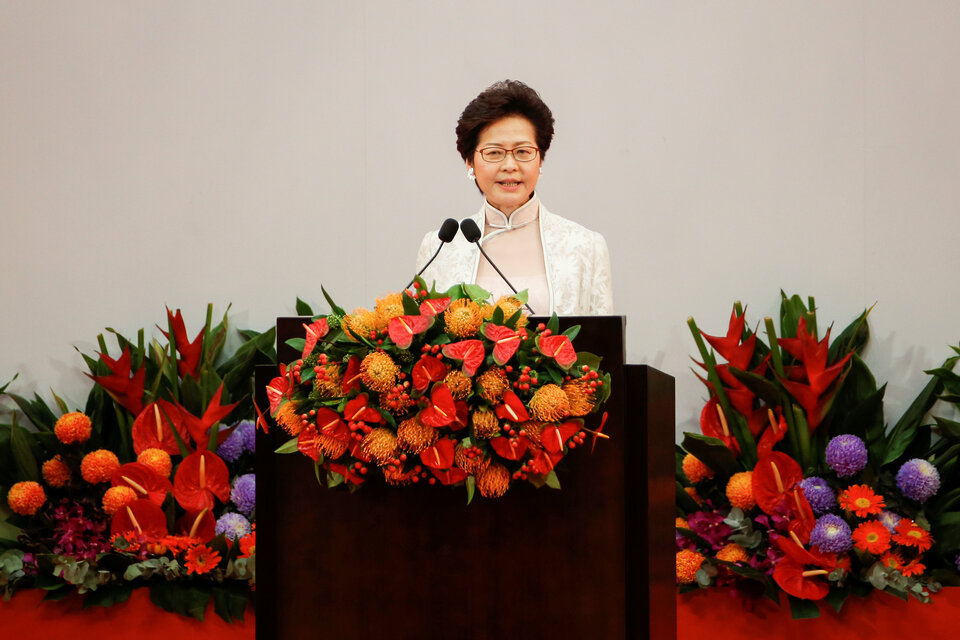 Hong Kong Chief Executive Carrie Lam speaks during her swearing-in ceremony on the 20th anniversary of the city's handover from British to Chinese rule in Hong Kong on July 1, 2017.   (Reuters Photo/Bobby Yip)