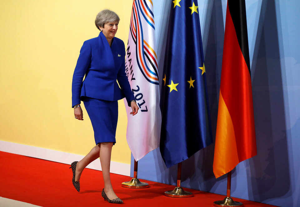 British Prime Minister Theresa May arrives at the G-20 summit in Hamburg, Germany, on July 7, 2017. (Reuters Photo/Carlos Barria)