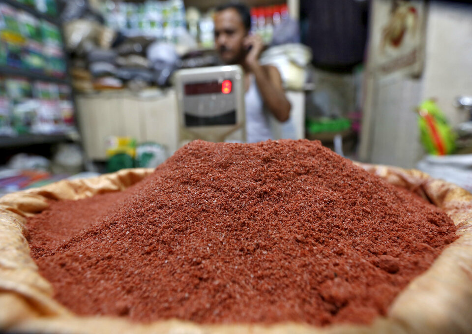 A shopkeeper speaks on his mobile phone next to a sack filled with potash for sale in Kolkata, India, February 17, 2016.  (Reuters Photo/Rupak De Chowdhuri)