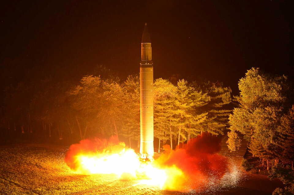 Intercontinental ballistic missile (ICBM) Hwasong-14 is pictured during its second test-fire in this undated picture provided by KCNA in Pyongyang on July 29, 2017.  (Reuters Photo/KCNA)