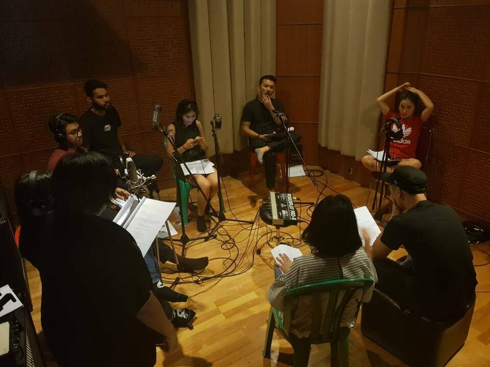 The cast of 'Filosofi Kopi' during a recording session for its radio play version. (Photo courtesy of Visinema Pictures)