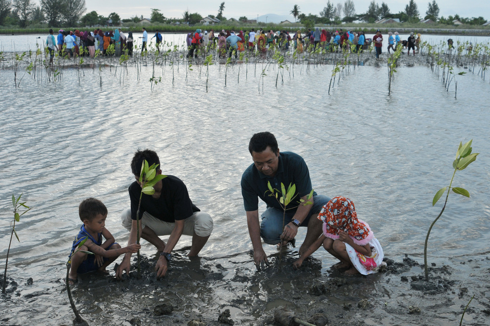 University students help children plant a mangrove on a once tsunami-ravaged marshland in Banda Aceh on Monday (10/07). (Antara Photo/Ampelsa)