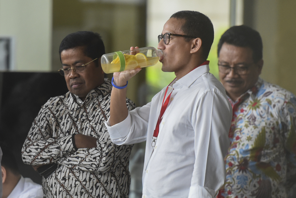 Jakarta Deputy Governor-elect Sandiaga Uno appears at the KPK headquartera in Jakarta on Friday (14/07). (Antara Photo/Hafidz Mubarak)