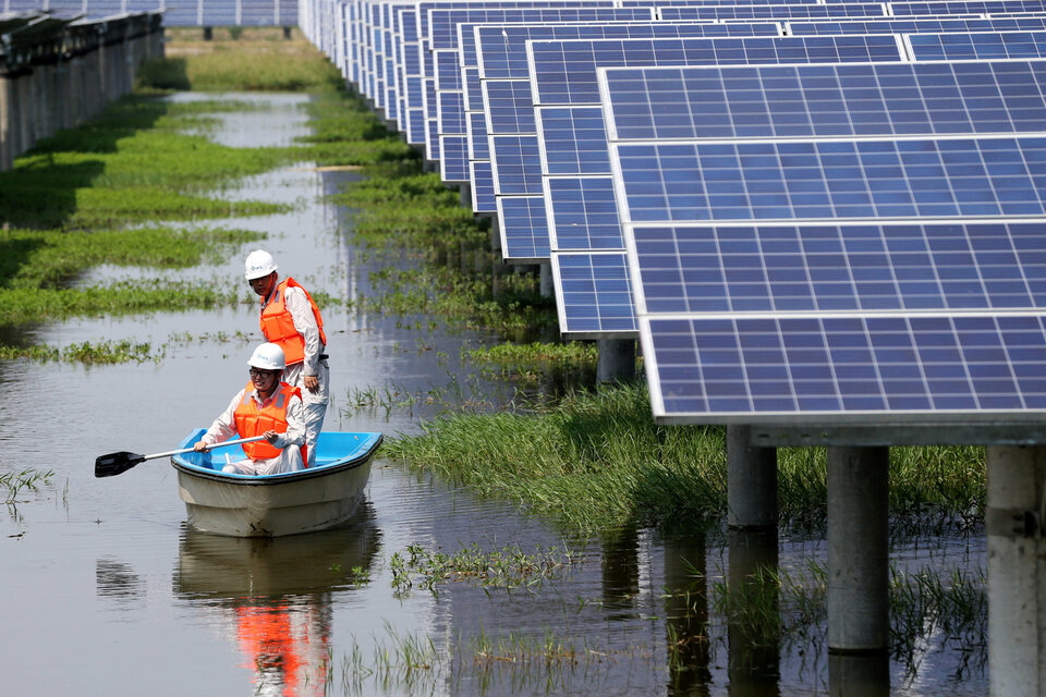 Employees row a boat as they check solar panels of a photovoltaic power generation project at a fishpond in Jingzhou, Hubei province, China, on Aug. 23, 2017. (Reuters Photo)