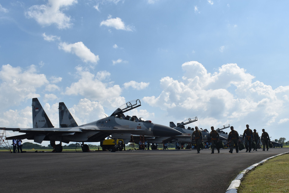 Indonesia wants to purchase 11 Sukhoi SU-35 fighter jets from Russia. (Antara Photo/Siswowidodo)