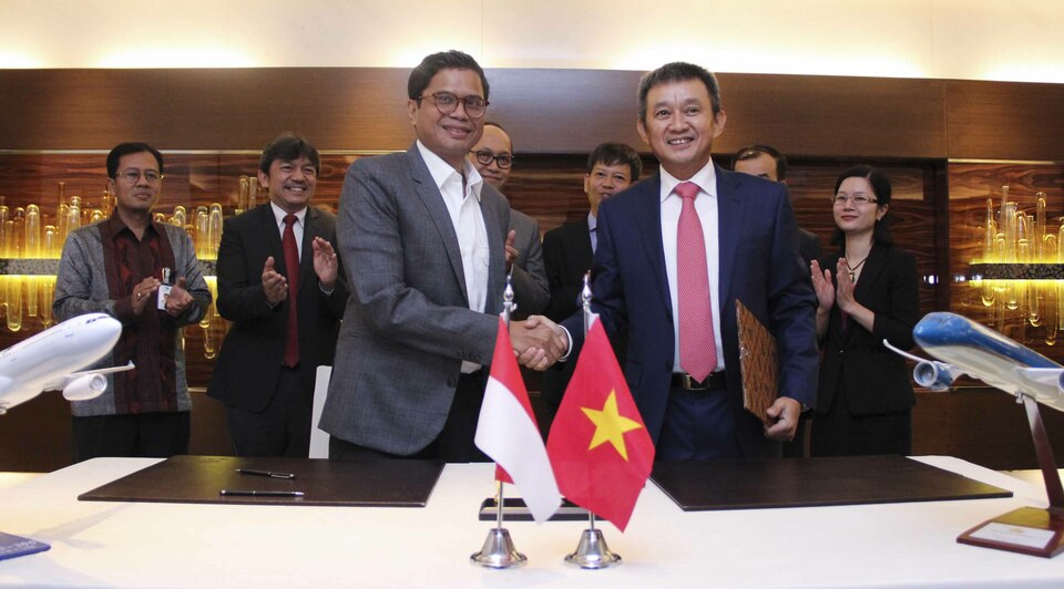 Indonesian flag carrier Garuda Indonesia and Vietnam Airlines signed a memorandum of understanding to strengthen strategic cooperation in service supplies, maintenance, repair and overhauls to aircraft, cargo handling and increase codeshare flights. (Photo courtesy of Garuda Indonesia)