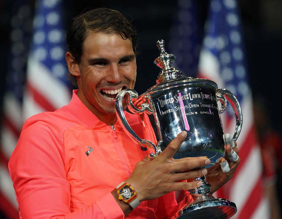 Rafael Nadal of Spain with the US Open Trophy after beating Kevin Anderson of South Africa in the men's final in Ashe Stadium at the USTA Billie Jean King National Tennis Center. (Reuters Photo/Robert Deutsch-USA TODAY Sports)