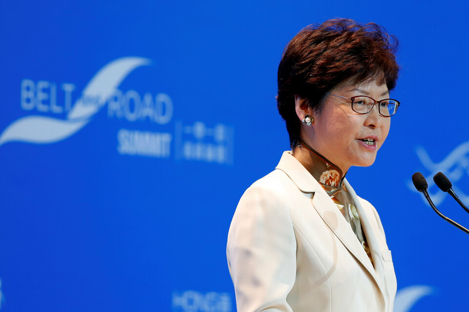 Hong Kong leader Carrie Lam addresses the Belt and Road Summit in Hong Kong, China, Sept. 11. (Reuters Photo/Bobby Yip)