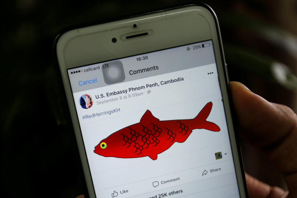 Accused of plotting treason with Cambodia's detained opposition leader, the United States Embassy posted a picture of a red herring on its Facebook page. (Reuters Photo/Samrang Pring)