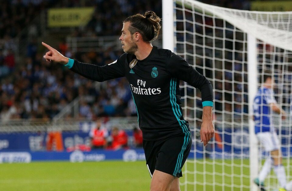 Real Madrid's Gareth Bale celebrates after scoring in the match against Real Sociedad at Anoeta on Sunday (17/09). (Photo courtesy of Twitter/Real Madrid)