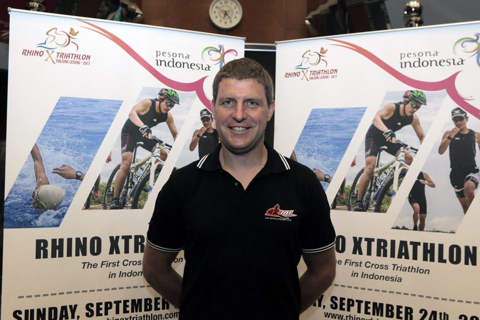 Asia Trail Master founder and general manager Kris Van de Velde poses during the launching of Rhino Cross Triathlon and Pesona Tanjung Lesung Festival at the Tourism Ministry office in Jakarta on Tuesday (05/09). (Photo courtesy of Vox Populi)