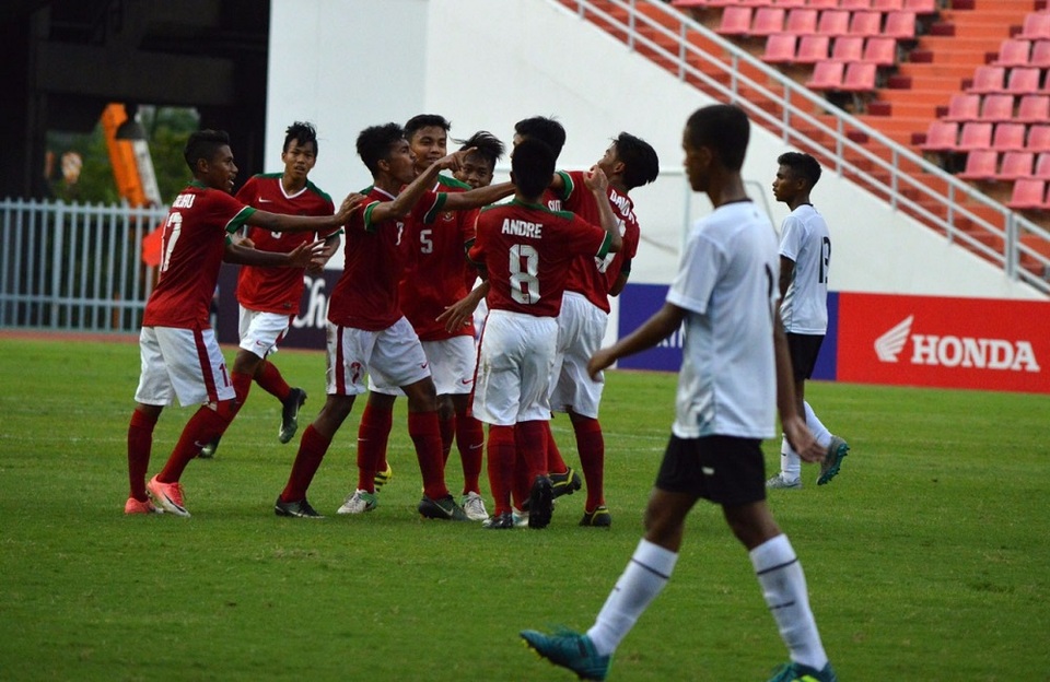 Indonesia's under-16 national team secured a 3-1 comeback win over East Timor  in their 2018 Asian Football Confederation U-16 Championship prequalifying match in Thailand on Monday (18/09), with striker Sutan Diego Armando 'Zico' Ondriano being decisive with a hat-trick. (Photo courtesy of the PSSI)