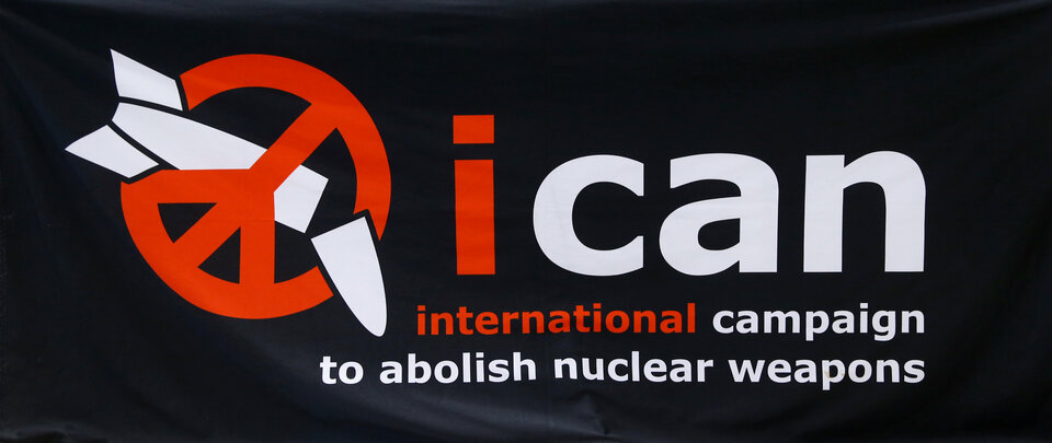 The logo of the International Campaign to Abolish Nuclear Weapons (ICAN) is seen before the news conference after ICAN won the Nobel Peace Prize 2017, in Geneva, Switzerland October 6, 2017.  (Reuters Photo/Denis Balibouse)