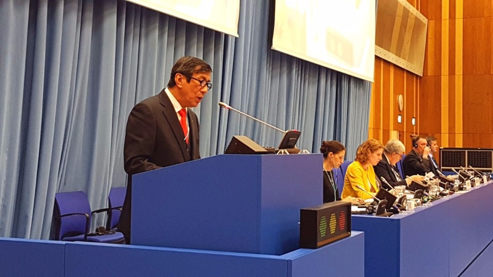 Justice and Human Rights Minister Yasonna Laoly speaking during the seventh session of the Conference of the States Parties to the United Nations Convention Against Corruption (UNCAC) in Vienna, Austria, on Monday (06/11). (Photo courtesy of the Ministry Justice and Human Rights)