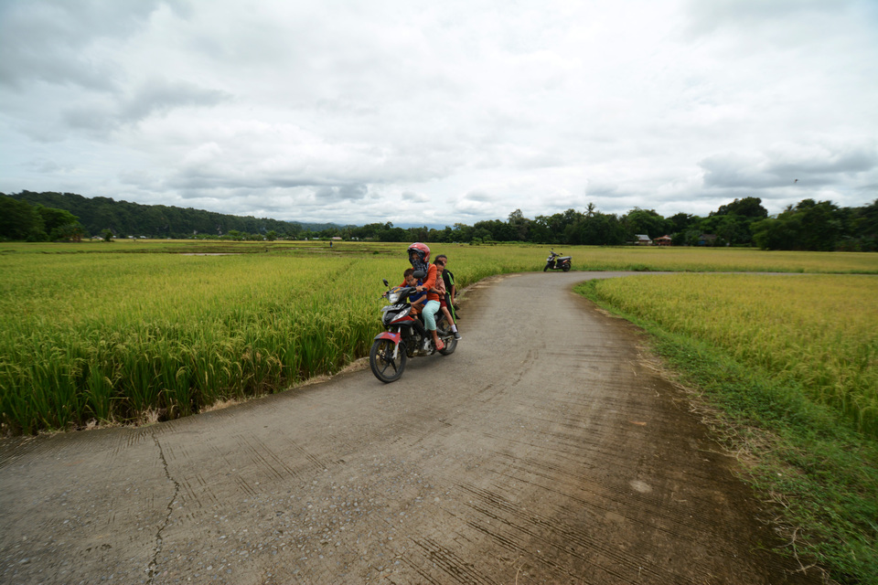 A family rides along a village road in Dusun Tammate, Maros, in South Sulawesi, on Wednesday (29/11). The government, through the Ministry of Underdeveloped Villages and Transmigration, has built 66,884 kilometers of road throughout villages across the country. (Antara Photo/Basri Marzuki)

