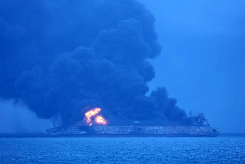 The Panama-registered Sanchi tanker is seen ablaze in open waters, after colliding with a Chinese bulk ship,  January 7, 2018.  (Reuters Photo/Korea Coast Guard)