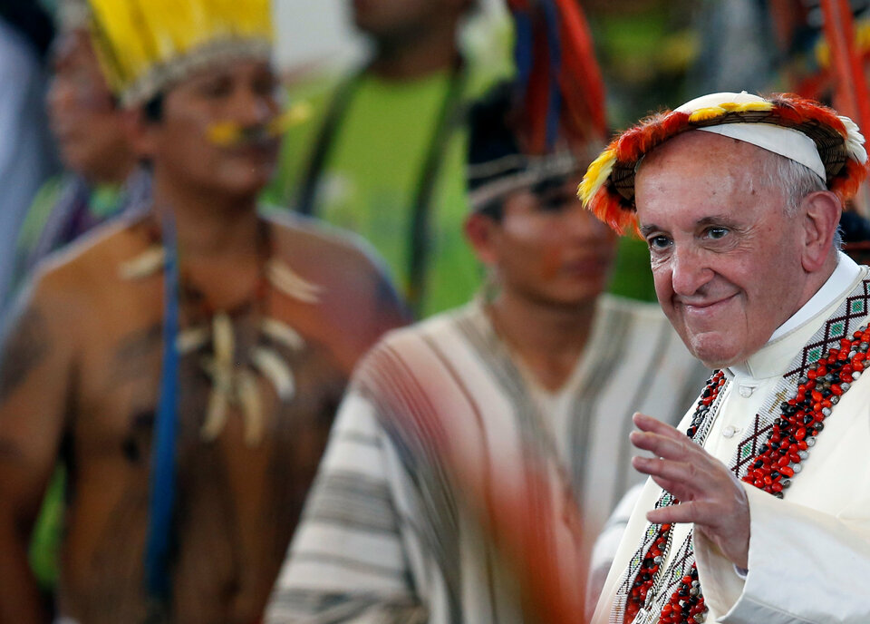 Pope Francis waves at the end of a meeting with members of Peruvian indigenous groups, at the Coliseum Madre de Dios in Puerto Maldonado, Peru, on Jan. 19, 2018. (Reuters Photo/Henry Romero)