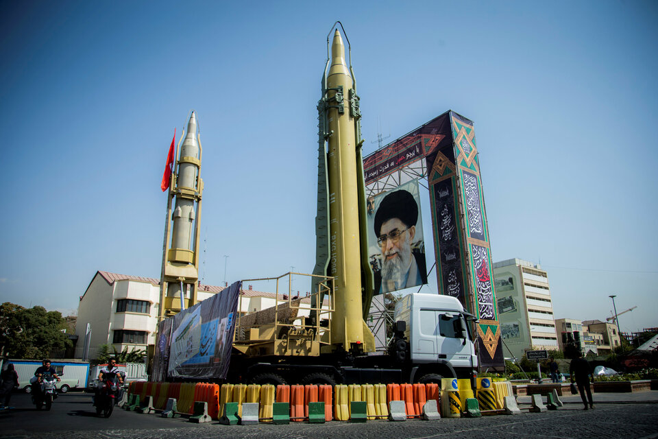 A display featuring missiles and a portrait of Iran's Supreme Leader Ayatollah Ali Khamenei is seen at Baharestan Square in Tehran on Sept. 27, 2017. (Reuters Photo/Nazanin Tabatabaee Yazdi)