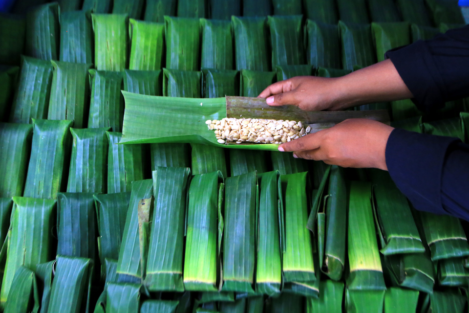 A food worker wraps tempeh in banana leaves at a factory in Gintangan in Banyuwangi district, East Java, on Wednesday (07/02). Producers choose to use banana leaf as packaging because it improves the taste, while also being healthier and more environmentally friendly than plastic. (Antara Photo/Budi Candra Setya)