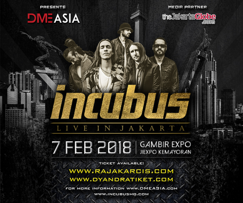 Californian rock band Incubus will play a concert in Jakarta on Wednesday (07/02). (Photo courtesy of DME Asia)