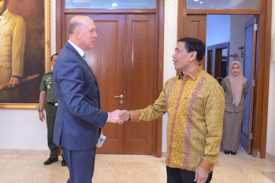 Chief Security Minister Wiranto met with Australian Home Affairs Minister Peter Dutton, who conveyed his ministry's portfolio in Jakarta on Monday (05/03). (Photo courtesy of the Embassy of Australia in Indonesia)