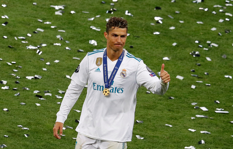 Real Madrid's Cristiano Ronaldo celebrates after his side won the Champions League in Kiev on Saturday (26/05). (Reuters Photo/Phil Noble)