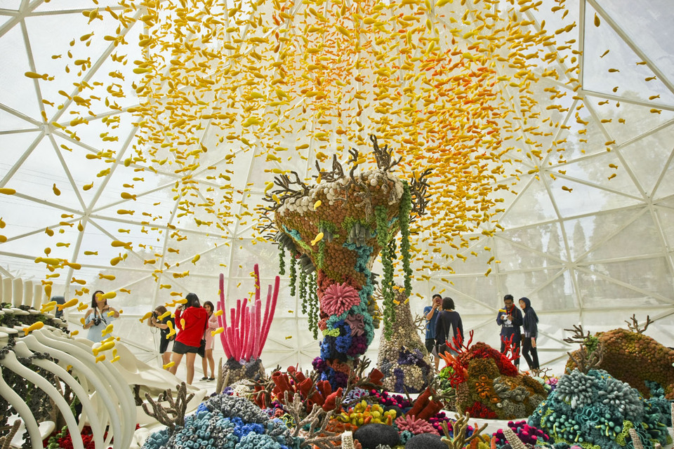 Visitors will be greeted with a tranparent dome-like exhibition room and greeted by the knitting work, titled Sea Remembers, from Mulyana, this year's commissioned artist when entering the venue (JG Photo / Yudha Baskoro)