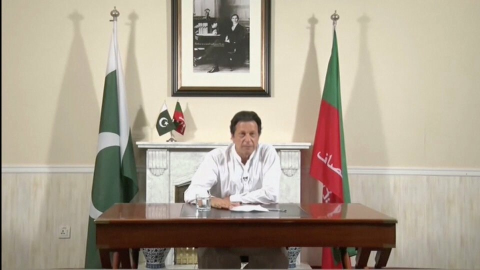 Cricket star-turned-politician Imran Khan, chairman of Pakistan Tehreek-e-Insaf (PTI), gives a speech as he declares victory in the general election in Islamabad in this still image from a July 26, 2018 video. (Reuters Photo/PTI handout)