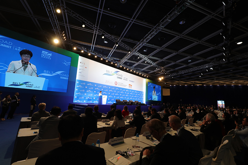 Hong Kong Chief Executive Carrie Lam delivers the keynote address during the Belt and Road Initiative Summit in Hong Kong on June 28. (Photo courtesy of BRI Summit)