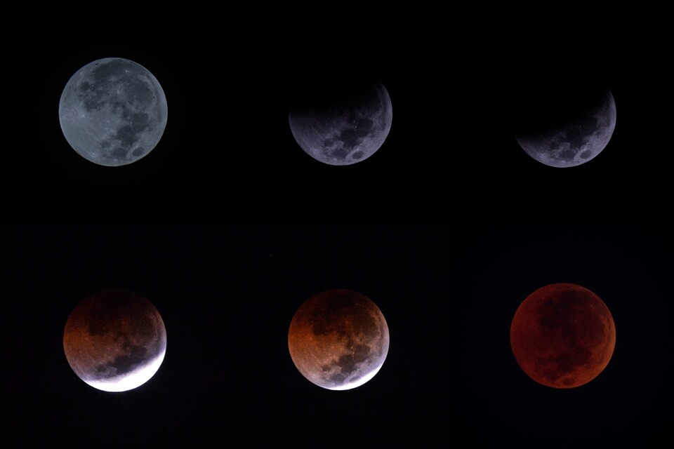 A combination photo of a blood moon, or total lunar eclipse, seen from Pasar Baru, Central Jakarta, on early on Saturday morning (28/07). At 103 minutes, it was the longest lunar eclipse of this century, with the whole process lasting around 6 hours and 30 minutes. (Antara Photo/Aprillio Akbar)