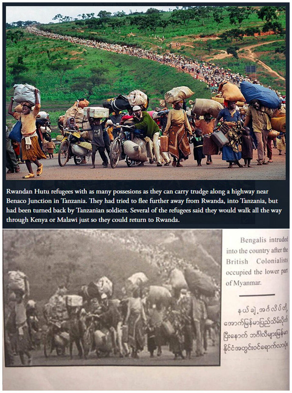 A combination of screenshots shows (top) an image taken from the Pulitzer Prize website depicting the migration of Rwandan Hutu refugees in 1996 following violence in Rwanda. The same image (bottom) appears in the Myanmar army's recently published book on the Rohingya, converted to black-and-white, describing the people as Bengalis entering the country following the British colonial occupation of lower Myanmar. (Reuters Photo/Pittsburgh Post-Gazette/Martha Rial (top)  Reuters Photo/Myanmar Politics and the Tatmadaw: Part 1)