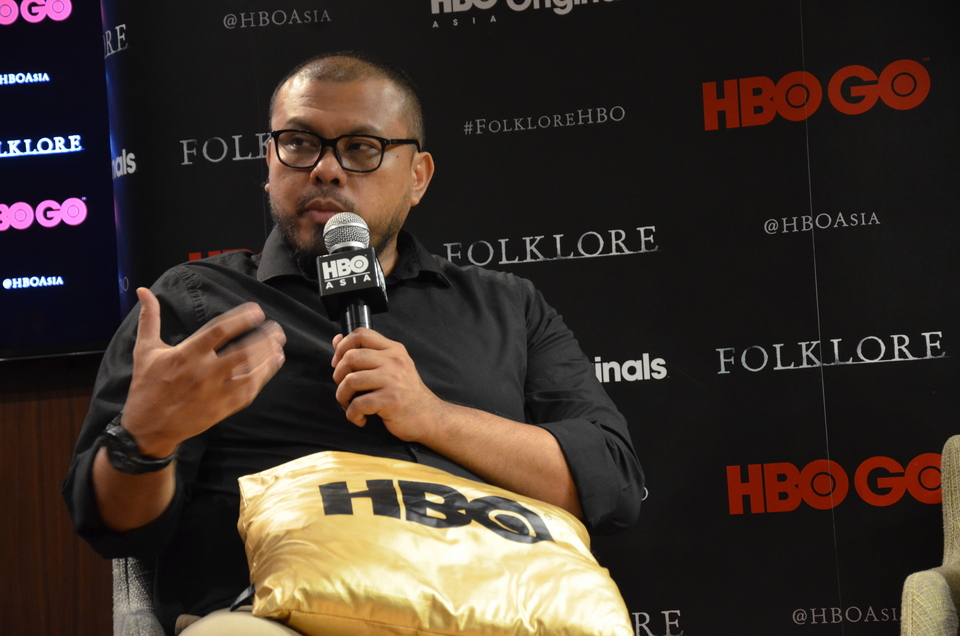Joko Anwar speaking during a press conference for 'A Mother's Love,' part of HBO Asia's 'Folklore' anthology, in Jakarta on Sept. 14. (JG Photo/Cahya Nugraha)