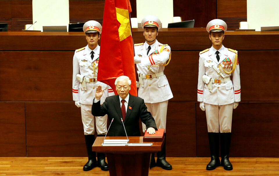 Vietnam's Communist Party General Secretary Nguyen Phu Trong takes his oath of office after being elected as Vietnam's State President during a National Assembly session in Hanoi, Vietnam on Tuesday. (Reuters Photo/Kham)