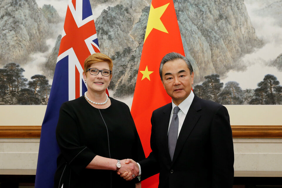 Australian Foreign Minister Marise Payne meets her Chinese counterpart Wang Yi at the Diaoyutai State Guesthouse in Beijing, China on Thursday. (Reuters Photo/Thomas Peter)