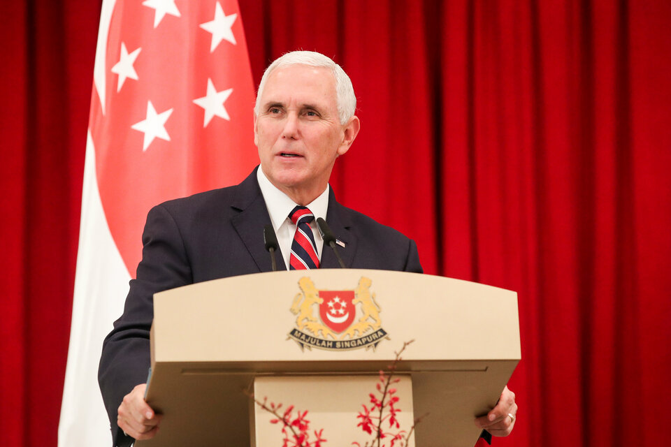US Vice President Mike Pence speaks at a joint press conference at the Istana or Presidential Palace in Singapore on Friday. (Reuters Photo/Yong Teck Lim)