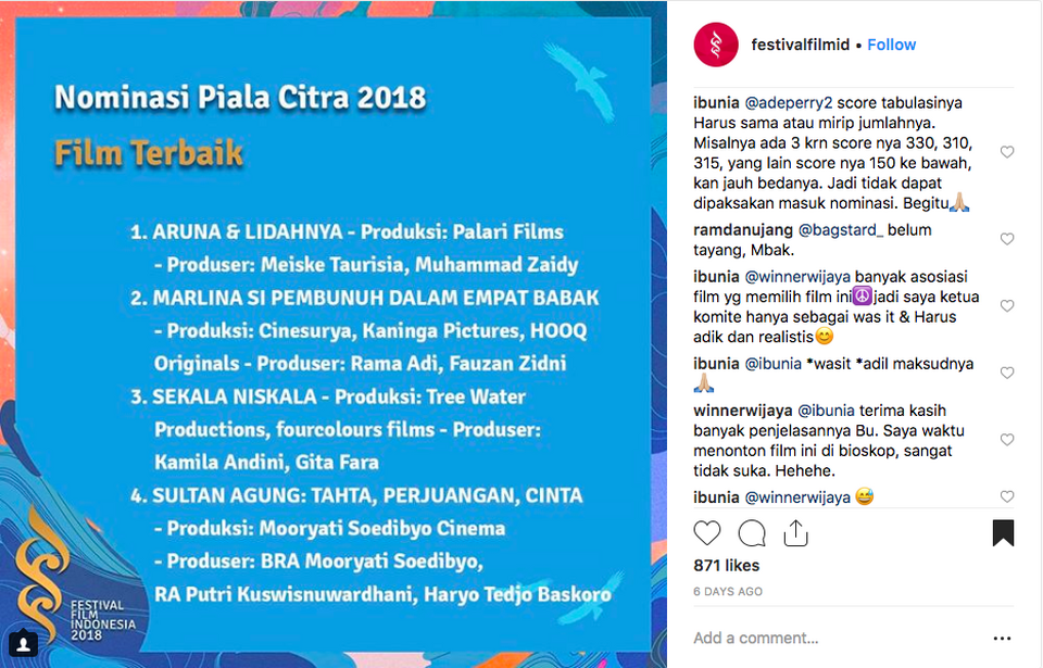 A screenshot of Indonesian Film Festival (FFI)'s Instagram post and Nia Dinata (@ibunia)'s comment. (JG Screenshot)