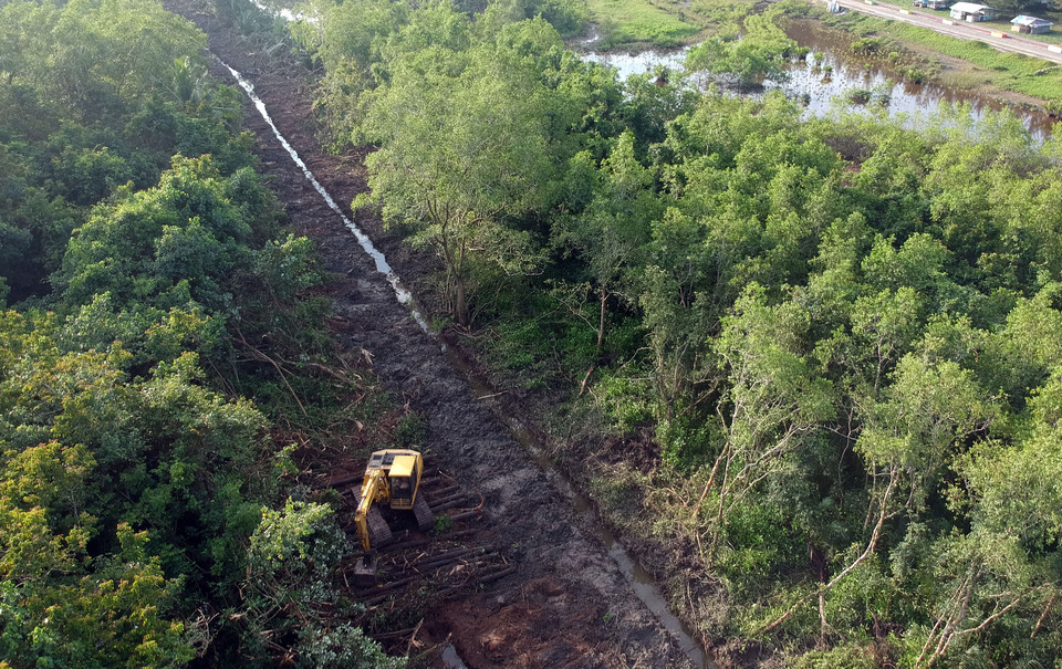 An excavator is seen in a forest clearing near Apar village in Pariaman, West Sumatra, on Sunday. According to local government, the project to clear the mangrove forest to make way for a road was carried out illegally and operations have since been halted. (Antara Photo/Iggoy el Fitra)