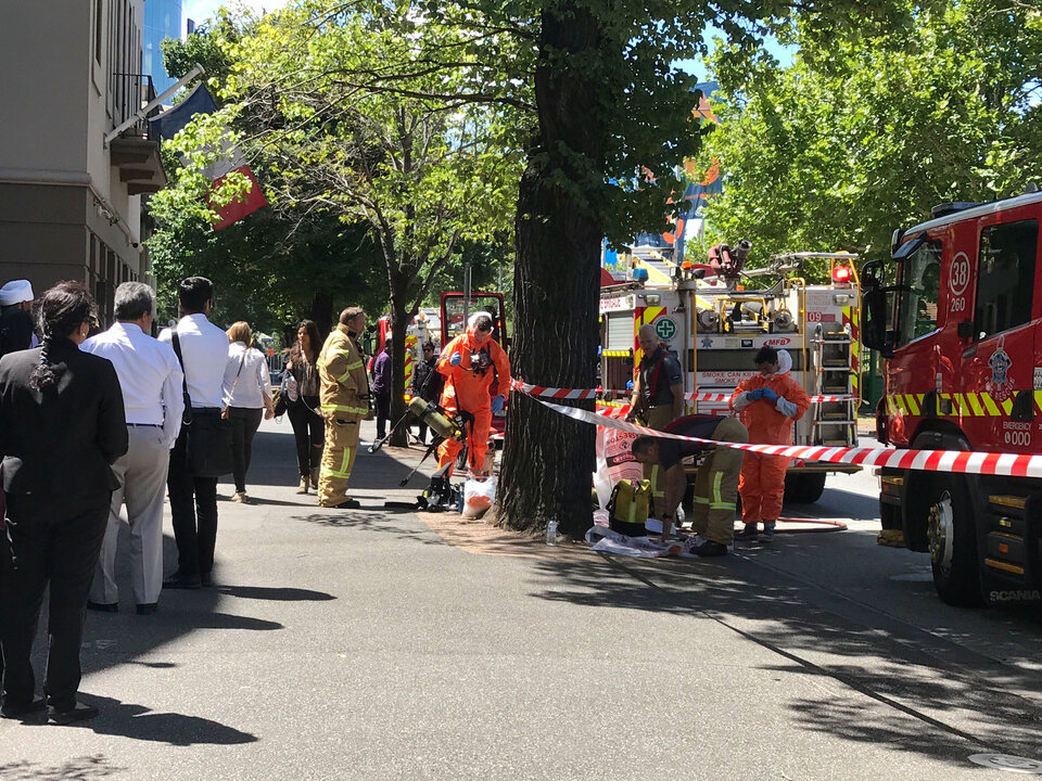 Hazmat and fire crews are seen outside the Indian and French Consulates on St Kilda Road in Melbourne, Australia, January 9, 2019. Staff have been evacuated as emergency crews respond to a number of incidents involving foreign consulates in Melbourne.  (Reuters Photo/AAP Image)