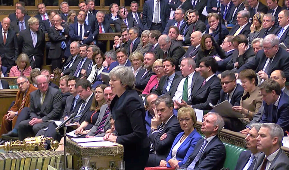British Prime Minister Theresa May addresses Parliament ahead of the vote on May's Brexit deal in London on Jan. 15, 2019 in this screengrab taken from video. (Reuters Photo/Reuters TV)