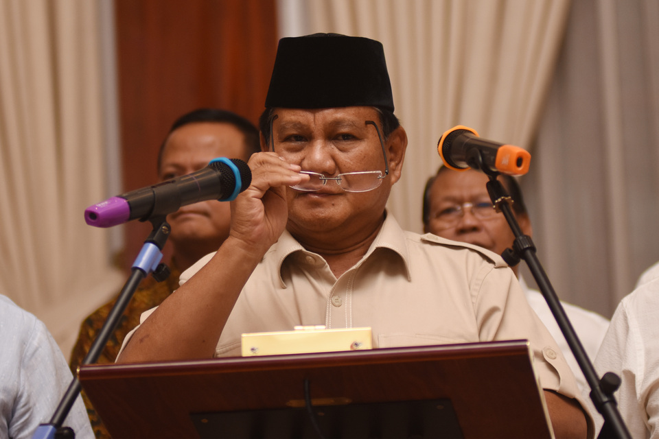 Presidential candidate Prabowo Subianto's Great Indonesia Movement Party (Gerindra) said it would continue its 'struggle' outside the House of Representatives. (Antara Photo/Indrianto Eko Suwarso)