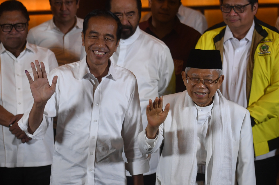 Joko 'Jokowi' Widodo and his running mate Ma'ruf Amin have won the 2019 presidential election. (Antara Photo/Akbar Nugroho Gumay)