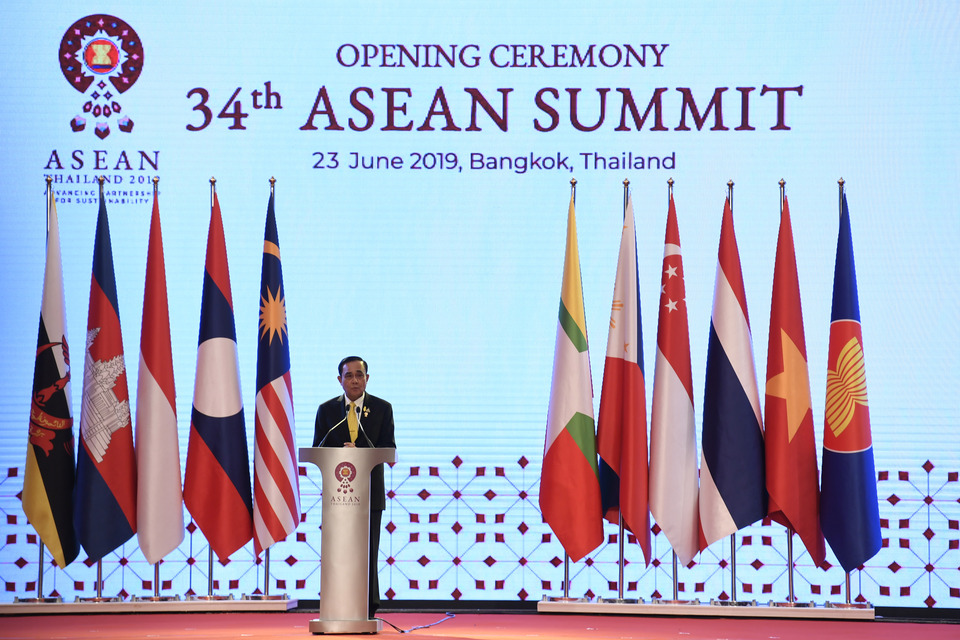 Thai Prime Minister Prayut Chan-o-cha speaks during the start of the 34th Asean Summit in Bangkok on Sunday. Leaders of the member states of the regional bloc have approved the Indo-Pacific Cooperation Concept, initiated by Indonesia. (Antara Photo/Puspa Perwitasari)