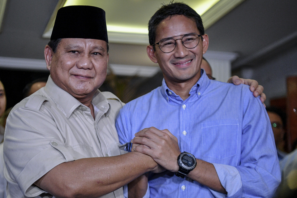 File photo: Prabowo Subianto, left, and Sandiaga Uno attend a press conference in Jakarta on June 27, /2019. (Antara)