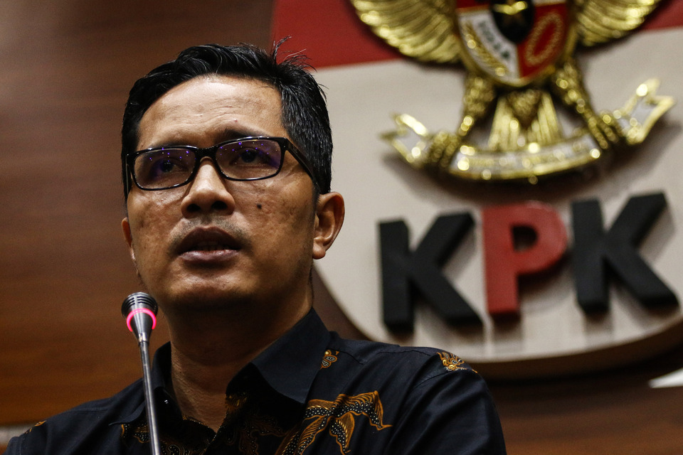 File photo: Then Corruption Eradication Commission (KPK) spokesman Febri Diansyah speaks at a news conference in Jakarta on June 25, 2019. (Antara Photo)