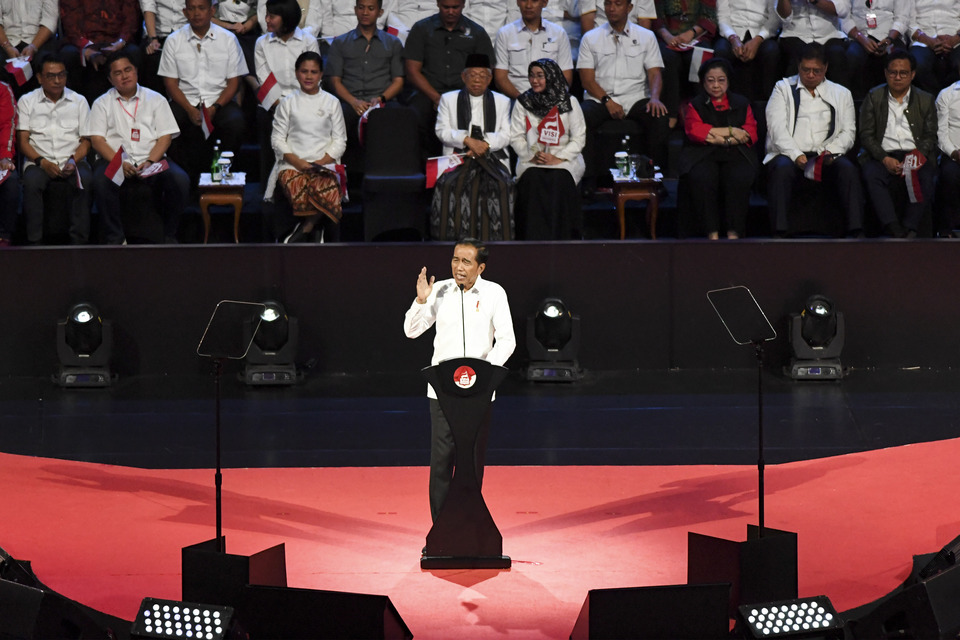 President Joko 'Jokowi' Widodo delivers his new five-point vision for Indonesia. (Antara Photo/Hafidz Mubarak A.)