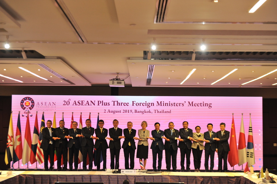Foreign ministers of the Association of Southeast Asian Nations (Asean) and their dialogue partners – China, Japan and South Korea – pose for a photo before their meeting in Bangkok on Friday. (Photo courtesy of Asean Thailand 2019)