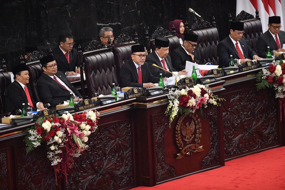 The People's Consultative Assembly in session at the parliament in Jakarta on Friday. (Antara Photo/Sigid Kurniawan)