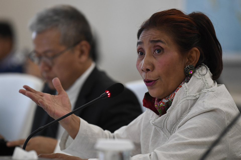 Maritime Affairs and Fisheries Minister Susi Pudjiastuti speaks in a press conference about illegal fishing in North Natuna Sea in Jakarta in September. (Antara Photo/Puspa Perwitasari)